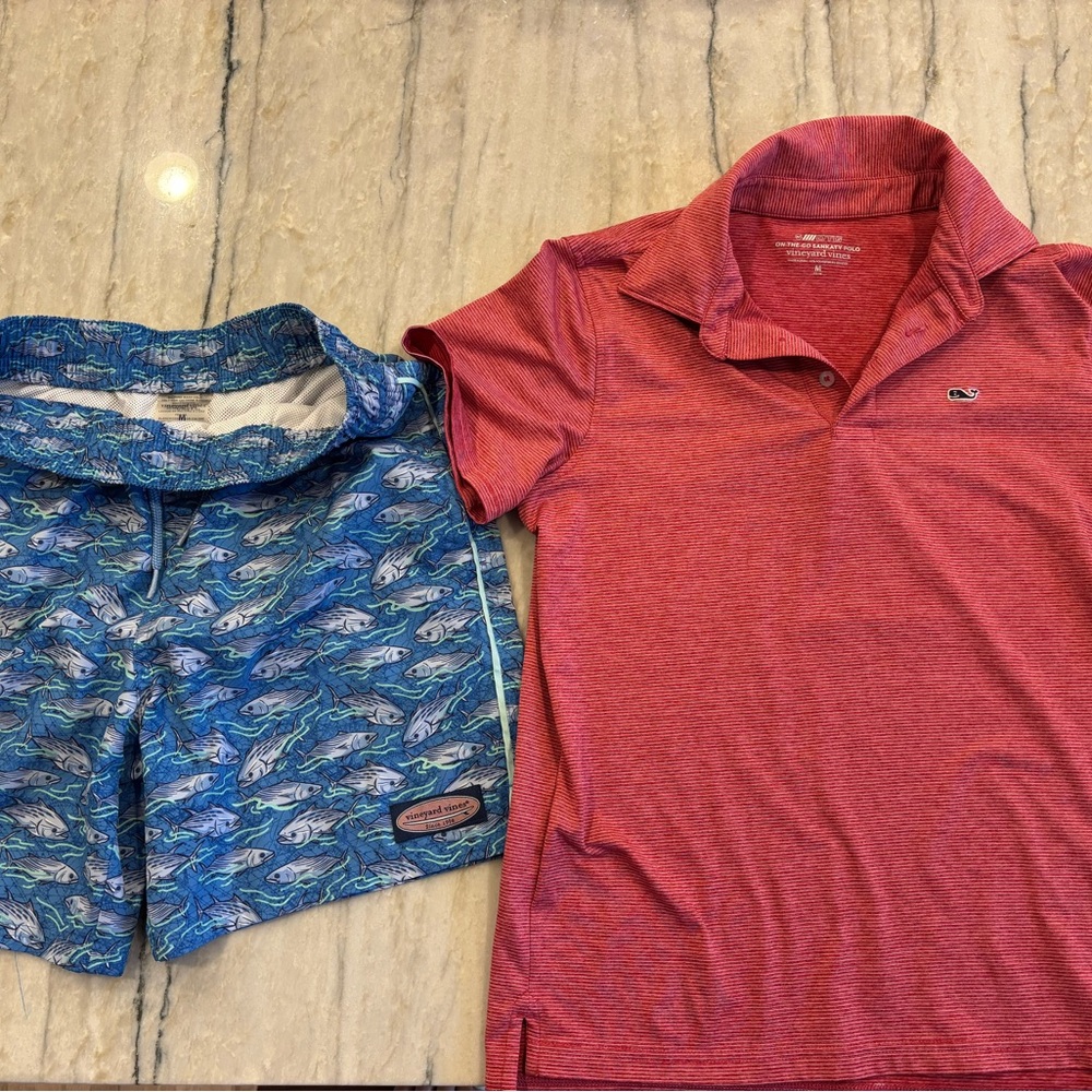 Red Polo Shirt and Blue Fish Pattern Swim Trunks